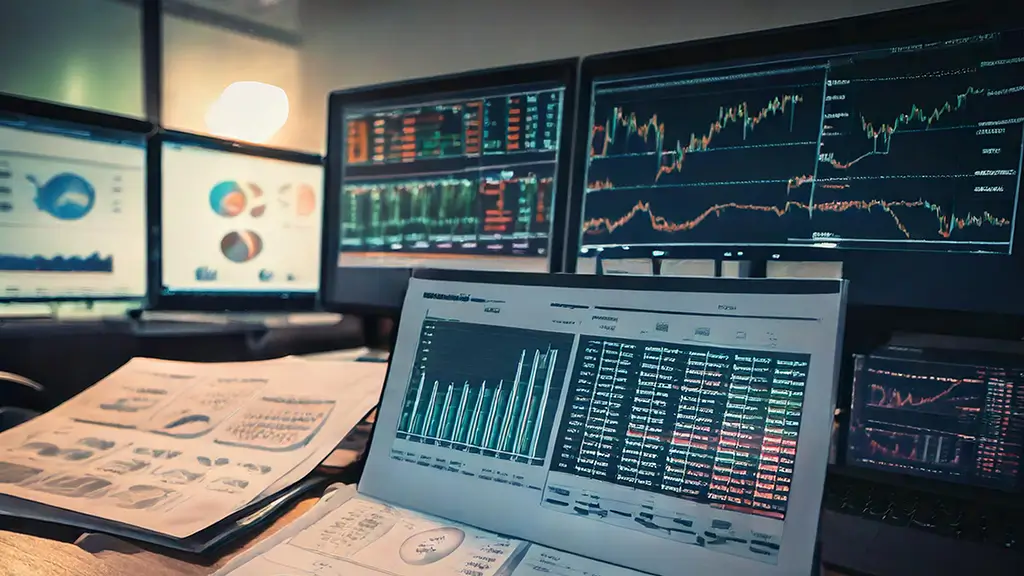 Estação de trabalho financeira com múltiplos monitores exibindo gráficos de ações e dados de mercado, além de papéis com gráficos impressos sobre a mesa, indicando análises e visualizações financeiras.